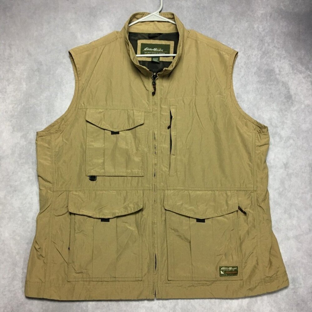 Eddie Bauer Mens Hunting Vest size XXL Tan‎ Zipper Cargo Pockets Nylon Cotton